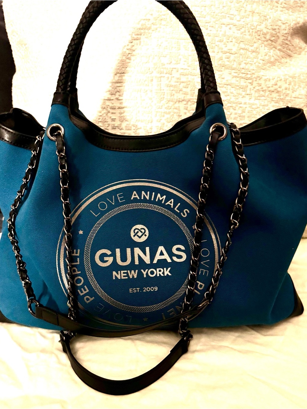 Gunas New York Vegan Teal Tote Bag with Chain-Accent Straps